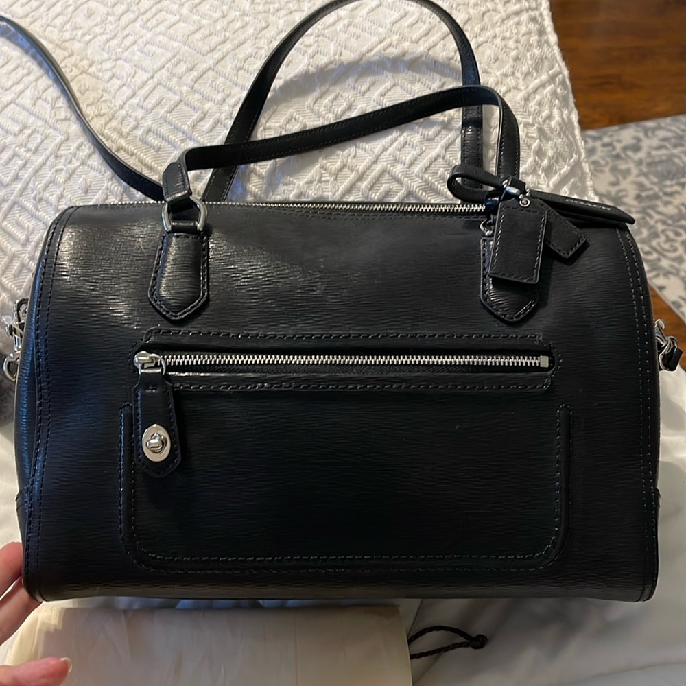 NWOT Coach Poppy East/West Textured Patent
Leather Satchel Bag- Black/Silver